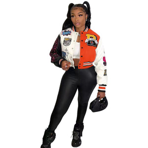 Women Splicing Color Contrast Short Jackets Female  Single Breasted Baseball Coat Cropped  Spring Streetwear Jackets | TageUnlimited