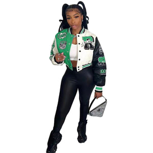 Women Splicing Color Contrast Short Jackets Female  Single Breasted Baseball Coat Cropped  Spring Streetwear Jackets | TageUnlimited