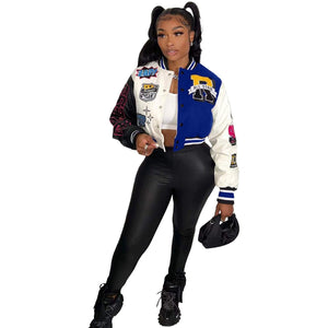 Women Splicing Color Contrast Short Jackets Female  Single Breasted Baseball Coat Cropped  Spring Streetwear Jackets | TageUnlimited