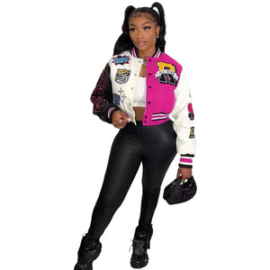 Women Splicing Color Contrast Short Jackets Female  Single Breasted Baseball Coat Cropped  Spring Streetwear Jackets | TageUnlimited