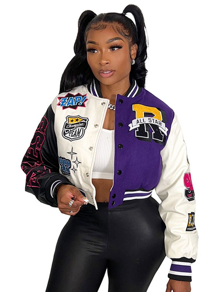 Women Splicing Color Contrast Short Jackets Female  Single Breasted Baseball Coat Cropped  Spring Streetwear Jackets | TageUnlimited