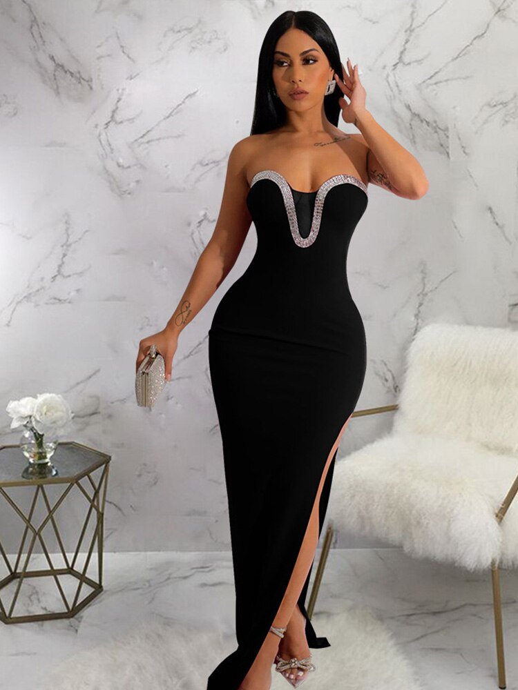 Women Strapless Off Shoulder Side Split Long Dress New Summer Fashion Dresses Bodycon Sleeveless Celebrity Party Vestido | 0 | TageUnlimited