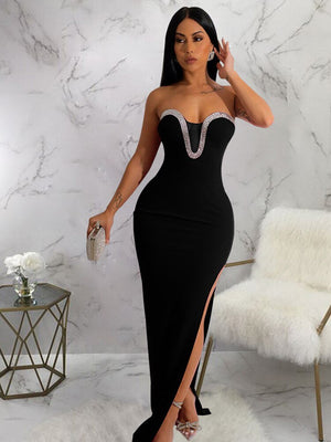 Women Strapless Off Shoulder Side Split Long Dress New Summer Fashion Dresses Bodycon Sleeveless Celebrity Party Vestido | 0 | TageUnlimited