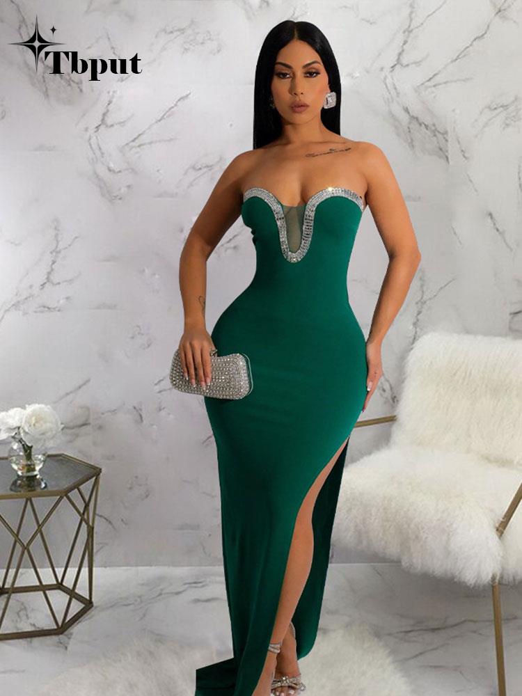 Women Strapless Off Shoulder Side Split Long Dress New Summer Fashion Dresses Bodycon Sleeveless Celebrity Party Vestido | 0 | TageUnlimited