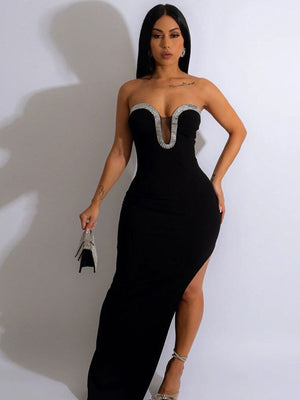 Women Strapless Off Shoulder Side Split Long Dress New Summer Fashion Dresses Bodycon Sleeveless Celebrity Party Vestido | 0 | TageUnlimited