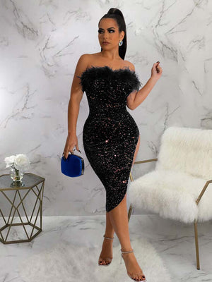 Women Strapless Sequined Fur Shoulder Midi Dress  Sexy Fly High Slit Bodycon Gown Evening Zipper Party Club Prom Dresses | 0 | TageUnlimited