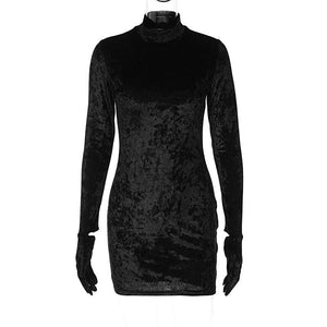 Women Velvet Bodycon Turtleneck Mini Dresses With Glove Female Fashion Slim Full Sleeve Dress Spring Elegant Streetwear | 0 | TageUnlimited
