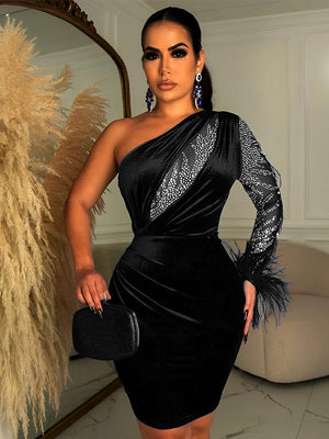 Women Velvet Sexy Feather One Shoulder Mini Dress  Long Sleeve Backless Elegant Gown Female Rhinestone Evening Dresses | 0 | TageUnlimited