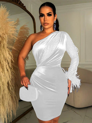Women Velvet Sexy Feather One Shoulder Mini Dress  Long Sleeve Backless Elegant Gown Female Rhinestone Evening Dresses | 0 | TageUnlimited