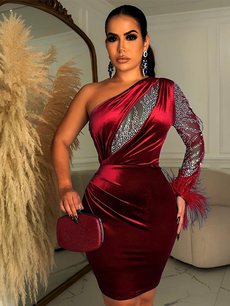 Women Velvet Sexy Feather One Shoulder Mini Dress  Long Sleeve Backless Elegant Gown Female Rhinestone Evening Dresses | 0 | TageUnlimited