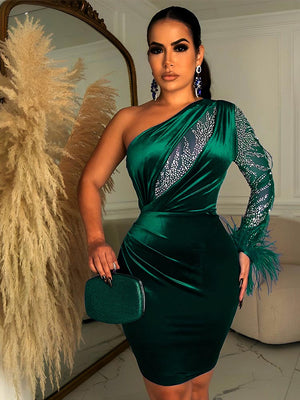 Women Velvet Sexy Feather One Shoulder Mini Dress  Long Sleeve Backless Elegant Gown Female Rhinestone Evening Dresses | 0 | TageUnlimited