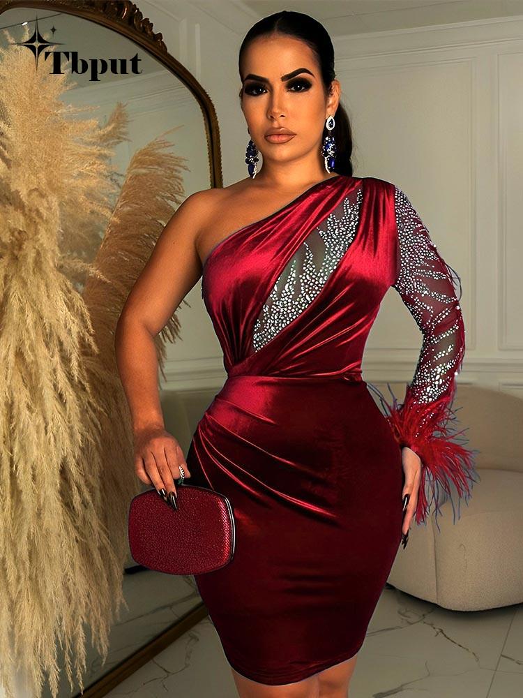 Women Velvet Sexy Feather One Shoulder Mini Dress  Long Sleeve Backless Elegant Gown Female Rhinestone Evening Dresses | 0 | TageUnlimited