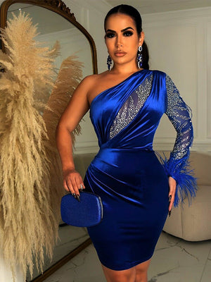 Women Velvet Sexy Feather One Shoulder Mini Dress  Long Sleeve Backless Elegant Gown Female Rhinestone Evening Dresses | 0 | TageUnlimited
