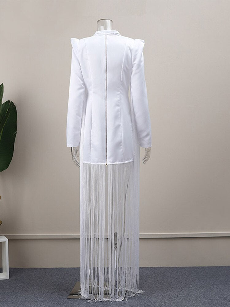 Women White Tassel Blazer Dress Fashion Sexy V-neck Long Sleeve High Waist Dresses Autumn Female Slim Party Club Dress | 0 | TageUnlimited