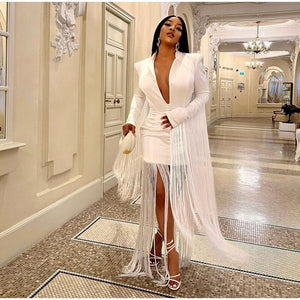 Women White Tassel Blazer Dress Fashion Sexy V-neck Long Sleeve High Waist Dresses Autumn Female Slim Party Club Dress | 0 | TageUnlimited