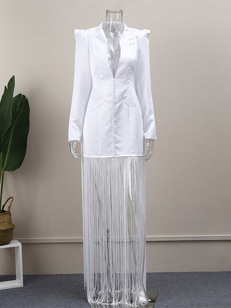 Women White Tassel Blazer Dress Fashion Sexy V-neck Long Sleeve High Waist Dresses Autumn Female Slim Party Club Dress | 0 | TageUnlimited