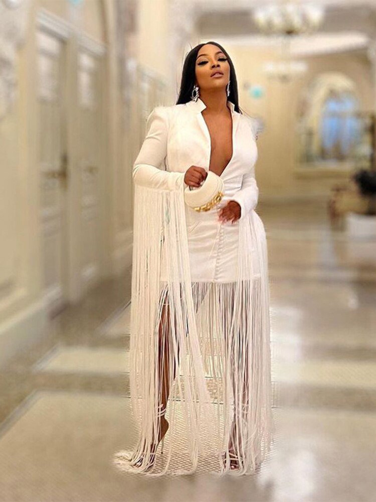 Women White Tassel Blazer Dress Fashion Sexy V-neck Long Sleeve High Waist Dresses Autumn Female Slim Party Club Dress | 0 | TageUnlimited