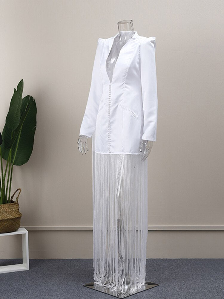 Women White Tassel Blazer Dress Fashion Sexy V-neck Long Sleeve High Waist Dresses Autumn Female Slim Party Club Dress | 0 | TageUnlimited