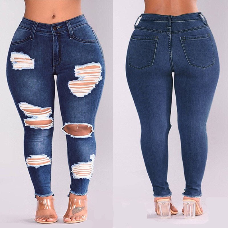 Women Plus Size Jeans European and American Stretch Holes Boyfriend Jeans Fat Pants Ripped Jeans for Women Vintage Streetwear | 0 | TageUnlimited