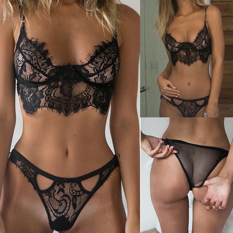Women&#39;s Sexy Lace Underwear Set Erotic Ladies Lingerie See-through Bra Thong Mini Babydoll Briefs Underpants Black Bodysuit | TageUnlimited