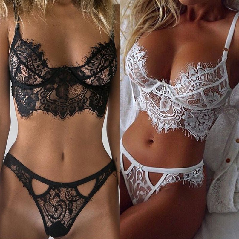 Women Sexy Lace Underwear Set Erotic Ladies Lingerie See-through Bra Thong Mini Babydoll Briefs Underpants Black Bodysuit | TageUnlimited