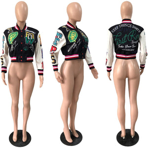Womens Crop Baseball Jacket Casual Retro Varsity Button Down Coat Long Sleeve Letterman Bomber Jacket Autumn Coat Y2K Streetwear | 0 | TageUnlimited