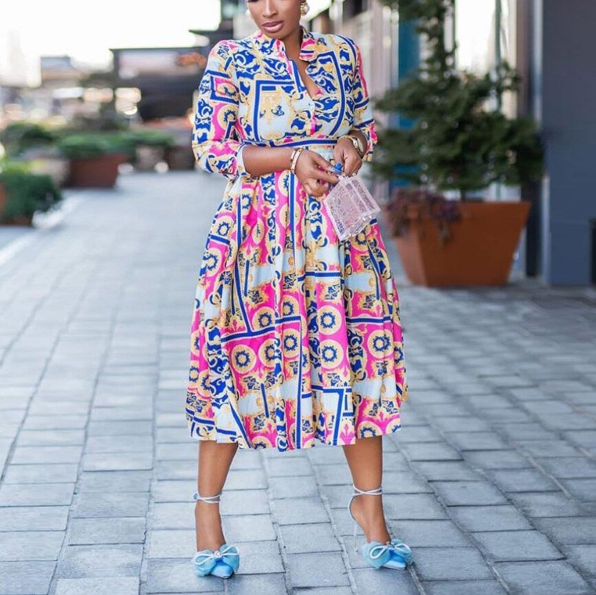 Womens Office Work Clothing Formal Printed High Waisted Full Sleeve Mid Calf Fashion Ladies Business Work Wear Dress Midi Cloth | 0 | TageUnlimited