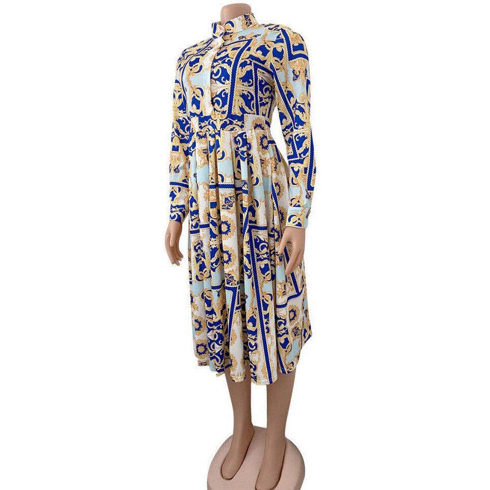 Womens Office Work Clothing Formal Printed High Waisted Full Sleeve Mid Calf Fashion Ladies Business Work Wear Dress Midi Cloth | 0 | TageUnlimited