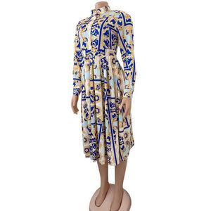 Womens Office Work Clothing Formal Printed High Waisted Full Sleeve Mid Calf Fashion Ladies Business Work Wear Dress Midi Cloth | 0 | TageUnlimited
