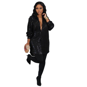 Womens Sequin Glitter Shirt Dress Elegant Lapel Single-breasted Midi Dress  Winter Fall Cardigan Coat Birthday Party Outifit | 0 | TageUnlimited