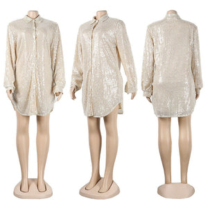 Womens Sequin Glitter Shirt Dress Elegant Lapel Single-breasted Midi Dress  Winter Fall Cardigan Coat Birthday Party Outifit | 0 | TageUnlimited