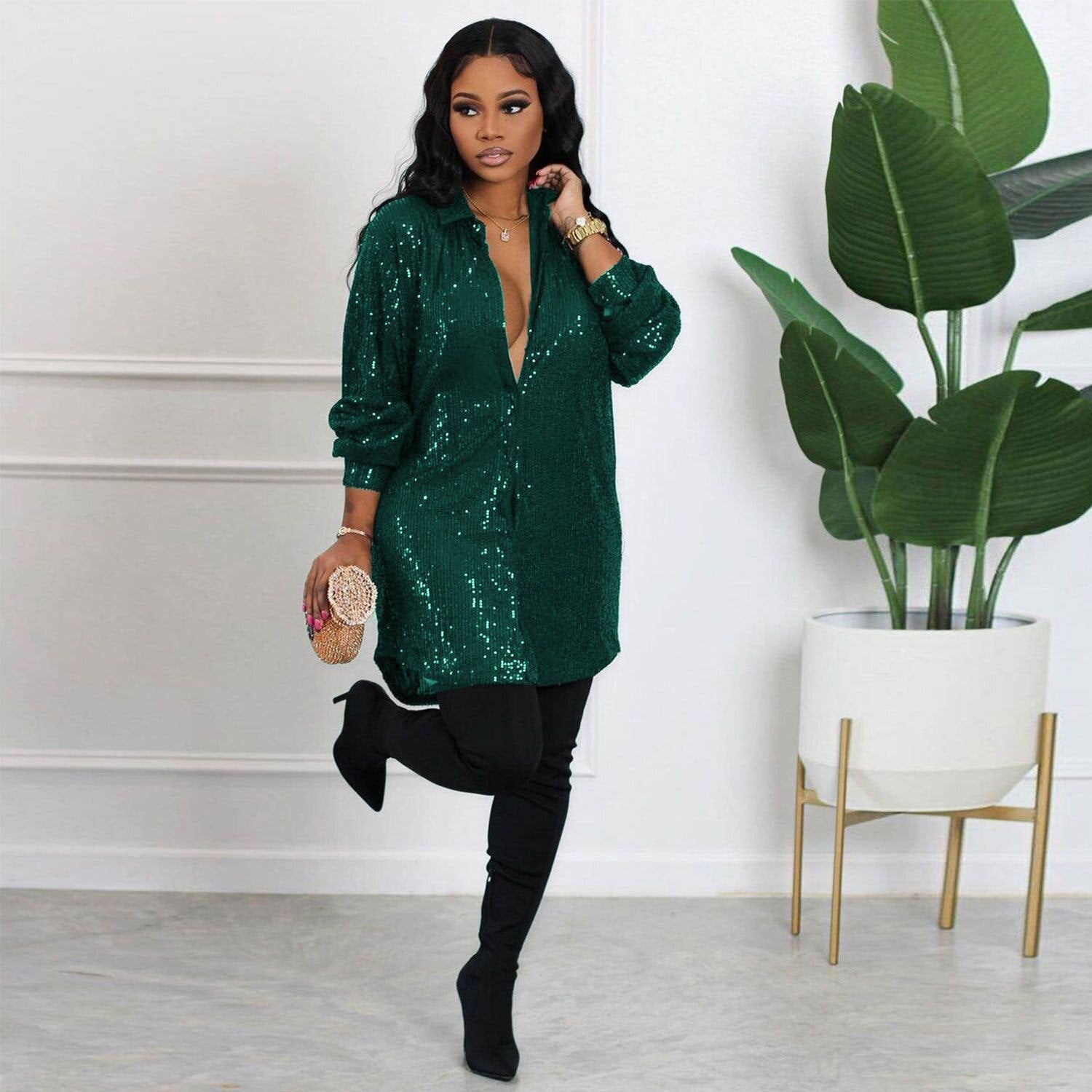 Womens Sequin Glitter Shirt Dress Elegant Lapel Single-breasted Midi Dress  Winter Fall Cardigan Coat Birthday Party Outifit | 0 | TageUnlimited