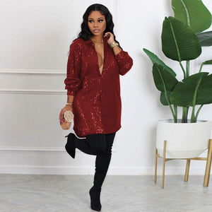Womens Sequin Glitter Shirt Dress Elegant Lapel Single-breasted Midi Dress  Winter Fall Cardigan Coat Birthday Party Outifit | 0 | TageUnlimited