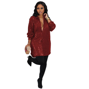Womens Sequin Glitter Shirt Dress Elegant Lapel Single-breasted Midi Dress  Winter Fall Cardigan Coat Birthday Party Outifit | 0 | TageUnlimited