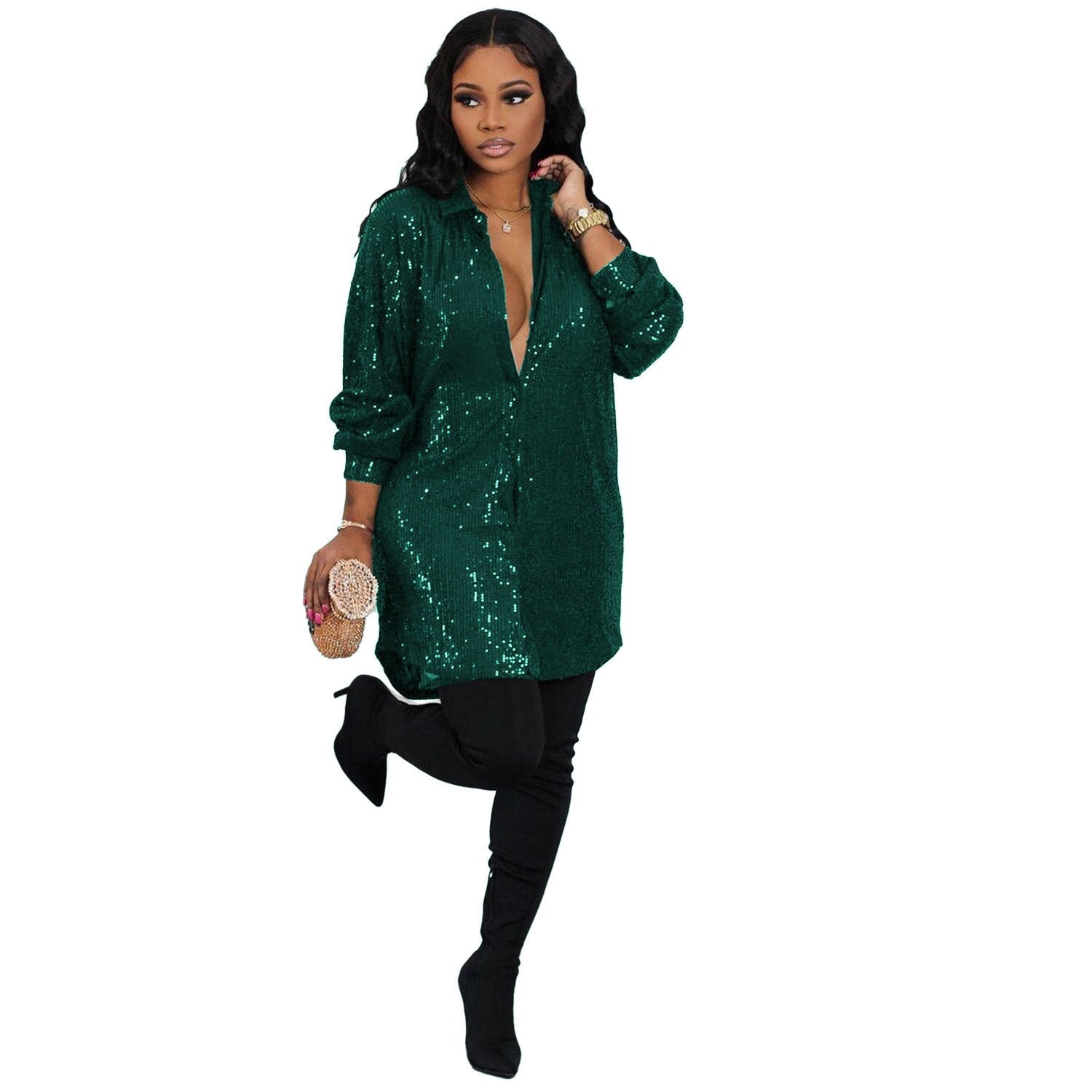 Womens Sequin Glitter Shirt Dress Elegant Lapel Single-breasted Midi Dress  Winter Fall Cardigan Coat Birthday Party Outifit | 0 | TageUnlimited