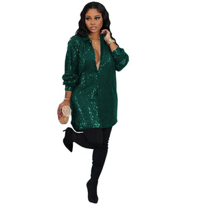Womens Sequin Glitter Shirt Dress Elegant Lapel Single-breasted Midi Dress  Winter Fall Cardigan Coat Birthday Party Outifit | 0 | TageUnlimited