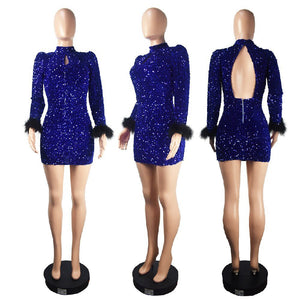 Womens Sexy Feather Sequined Hollow Out Club Bodycon Mini Dresses Autumn Winter Birthday Party Evening Dress Vestidos | 0 | TageUnlimited
