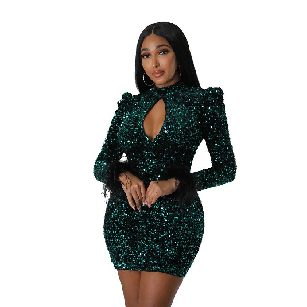 Womens Sexy Feather Sequined Hollow Out Club Bodycon Mini Dresses Autumn Winter Birthday Party Evening Dress Vestidos | 0 | TageUnlimited