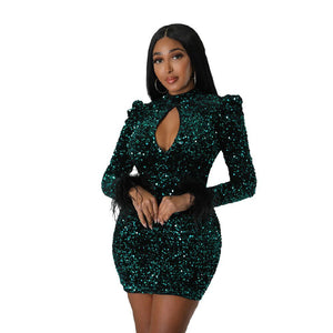 Womens Sexy Feather Sequined Hollow Out Club Bodycon Mini Dresses Autumn Winter Birthday Party Evening Dress Vestidos | 0 | TageUnlimited