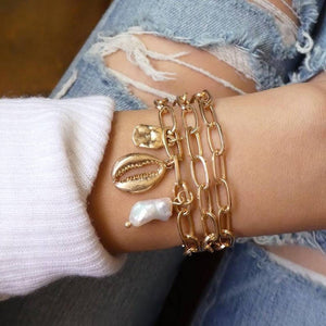 WUKALO Bohemian Gold Color Tassel Angel Bracelets for Women Boho Jewelry Geometric Layered Pearl Hand Chain Charm Bracelet Set | 0 | Tage-Active