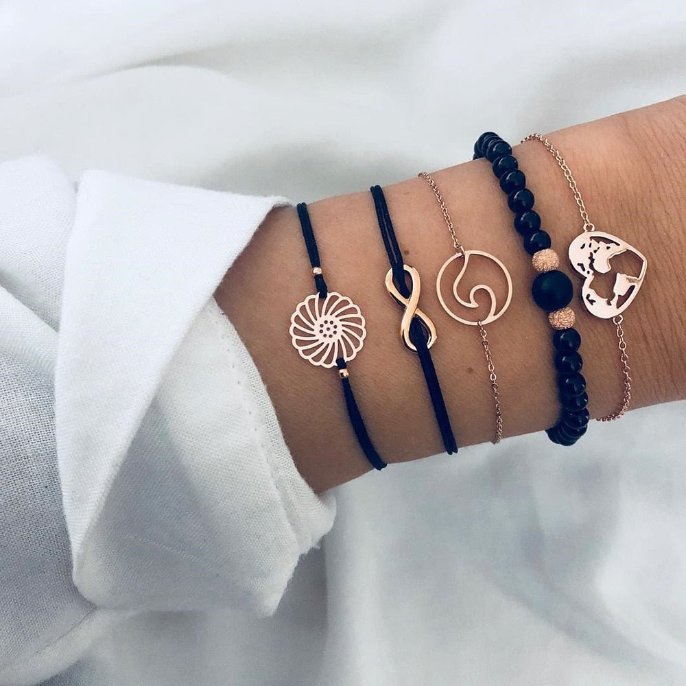 WUKALO Bohemian Gold Color Tassel Angel Bracelets for Women Boho Jewelry Geometric Layered Pearl Hand Chain Charm Bracelet Set | 0 | Tage-Active