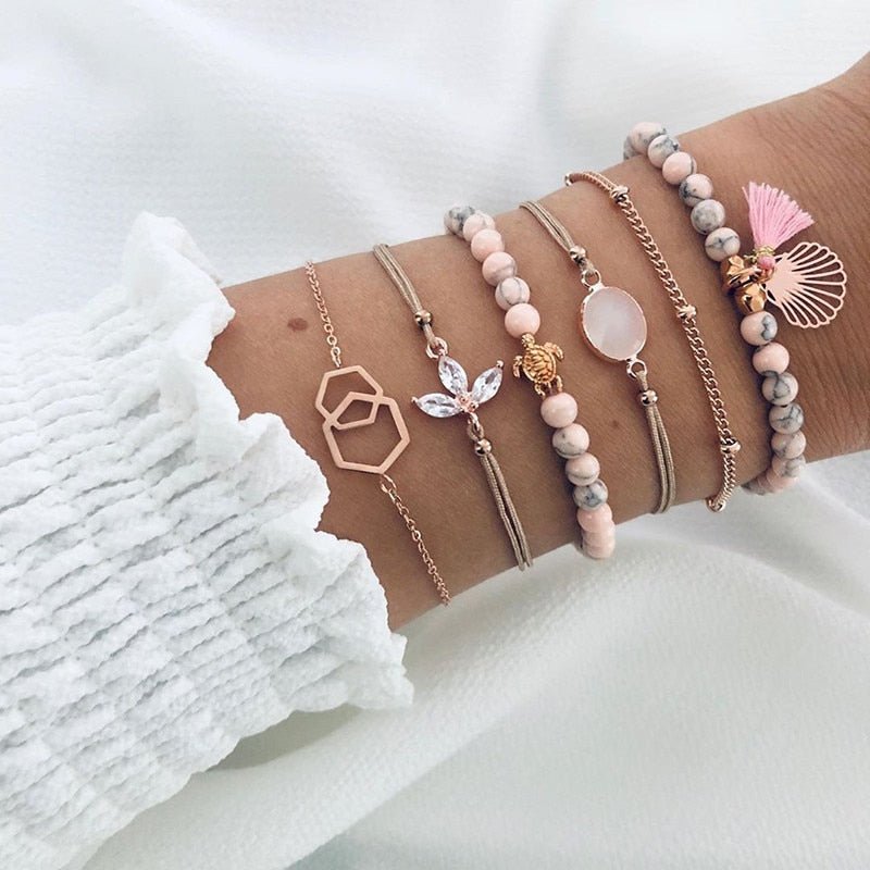 WUKALO Bohemian Gold Color Tassel Angel Bracelets for Women Boho Jewelry Geometric Layered Pearl Hand Chain Charm Bracelet Set | 0 | Tage-Active