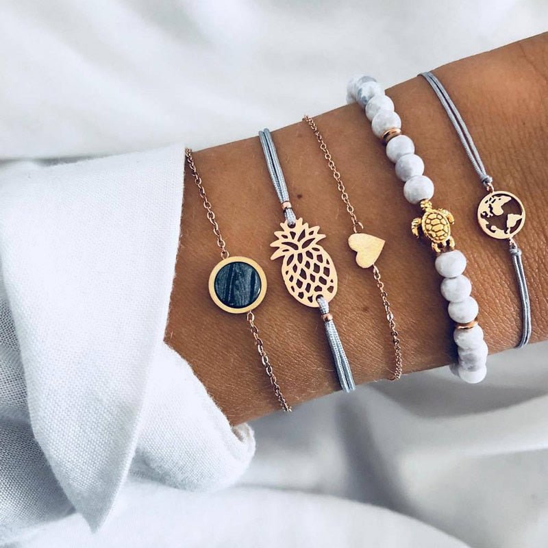 WUKALO Bohemian Gold Color Tassel Angel Bracelets for Women Boho Jewelry Geometric Layered Pearl Hand Chain Charm Bracelet Set | 0 | Tage-Active